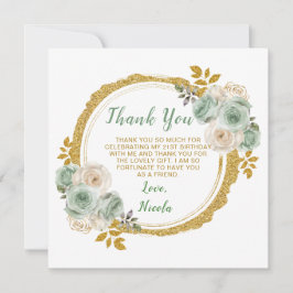 セージグリーンと金ゴールドエレガントフラワーバースデーパーティー サンキューカード