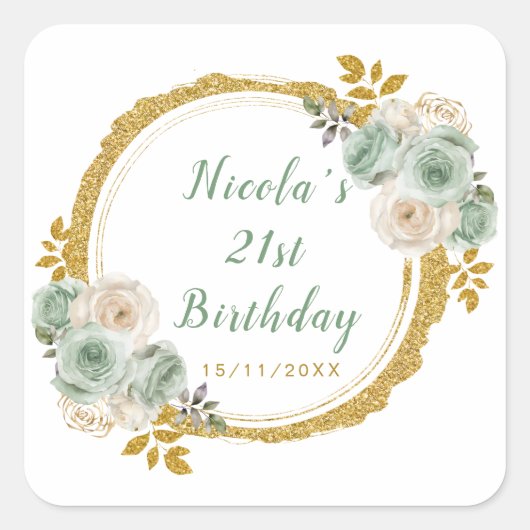 セージグリーンと金ゴールドエレガントフラワーバースデーパーティー スクエアシール (正面)