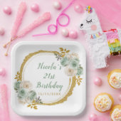 セージグリーンと金ゴールドエレガントフラワーバースデーパーティー ペーパープレート (パーティー)