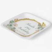 セージグリーンと金ゴールドエレガントフラワーバースデーパーティー ペーパープレート (傾斜あり)