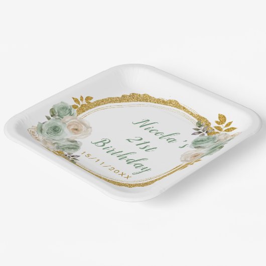 セージグリーンと金ゴールドエレガントフラワーバースデーパーティー ペーパープレート (傾斜あり)