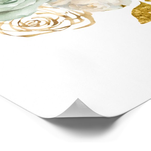 セージグリーンと金ゴールドエレガントフラワーバースデーパーティー ポスター (角)