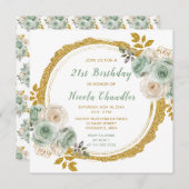 セージグリーンと金ゴールドエレガントフラワーバースデーパーティー 招待状 (正面/裏面)