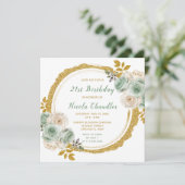 セージグリーンと金ゴールドエレガントフラワーバースデーパーティー 招待状 (スタンド正面)