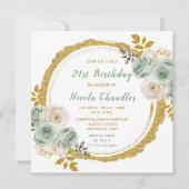 セージグリーンと金ゴールドエレガントフラワーバースデーパーティー 招待状 (正面)