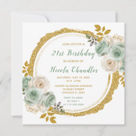 セージグリーンと金ゴールドエレガントフラワーバースデーパーティー 招待状