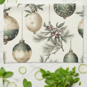 セージグリーンと金ゴールドクリスマスオーナメント キッチンタオル (折り畳み)