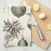 セージグリーンと金ゴールドクリスマスオーナメント キッチンタオル (四つ折り)