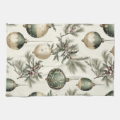 セージグリーンと金ゴールドクリスマスオーナメント キッチンタオル (横)