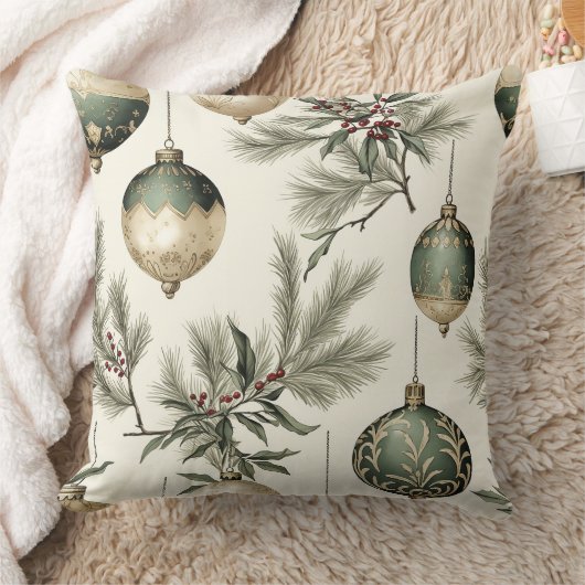 セージグリーンと金ゴールドクリスマスオーナメント クッション (ブランケット)
