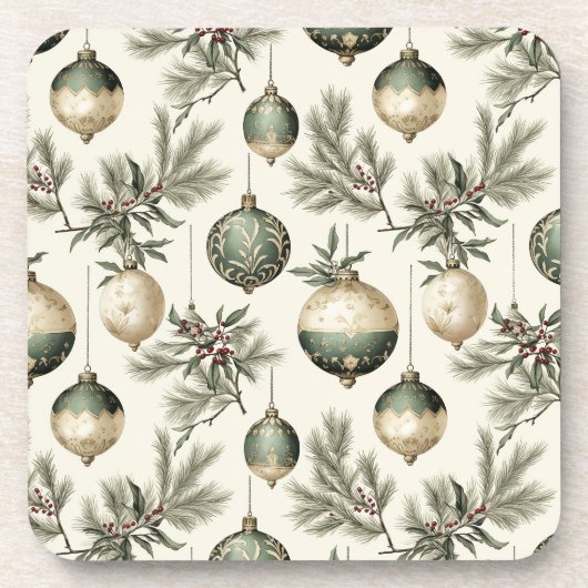 セージグリーンと金ゴールドクリスマスオーナメント コースター (正面)