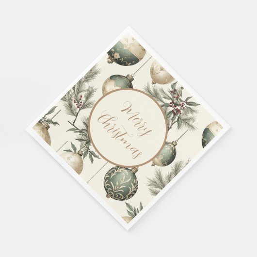 セージグリーンと金ゴールドクリスマスオーナメント スタンダードランチョンナプキン (角)