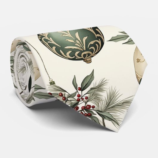 セージグリーンと金ゴールドクリスマスオーナメント ネクタイ (ロール)