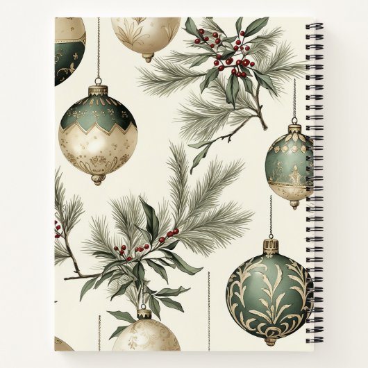 セージグリーンと金ゴールドクリスマスオーナメント ノートブック (裏面)