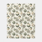 セージグリーンと金ゴールドクリスマスオーナメント フリースブランケット (正面)