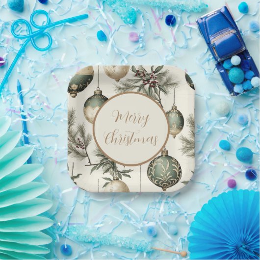 セージグリーンと金ゴールドクリスマスオーナメント ペーパープレート (パーティー)
