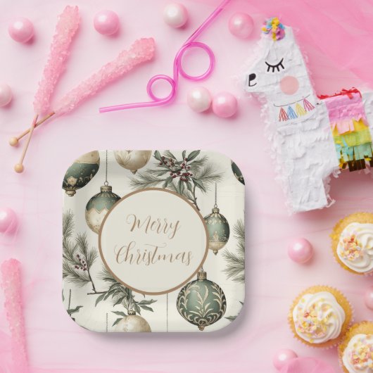 セージグリーンと金ゴールドクリスマスオーナメント ペーパープレート (パーティー)