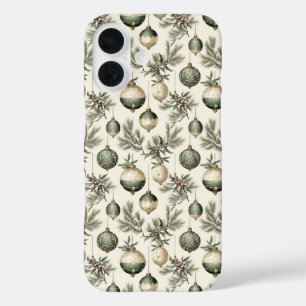 セージグリーンと金ゴールドクリスマスオーナメント iPhone 16ケース