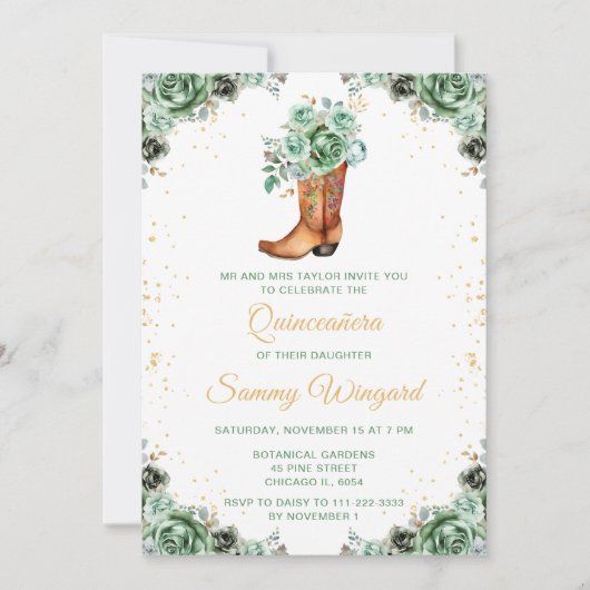 セージグリーンと金ゴールドフローラカウボーイブートキンセアニラ 招待状 (正面)