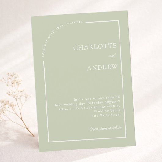 セージグリーンのアイボリー モダン ミニマリスト ウェディング 招待状
