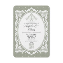 セージグリーンのアンティークレースの結婚式招待状QR RSVP