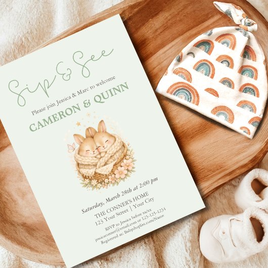 セージグリーンのウサギの双子たちのお披露目パーティー 招待状