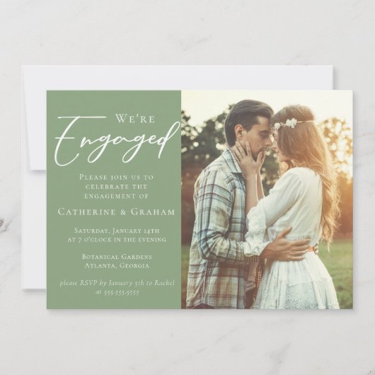 セージグリーンのカップル写真エンゲージメント 案内状 (正面)
