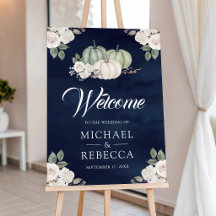 セージグリーンのカボチャの結婚式ネイビーブルーウェルカムサイン