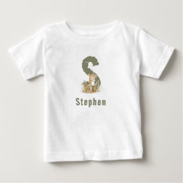 セージグリーンのキリン モノグラム&名前 ベビーTシャツ