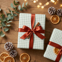 セージグリーンのギンガムチェックのクリスマス包装紙