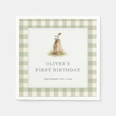 セージグリーンのギンガムチェックのゴルフ1歳の誕生日パーティー スタンダードカクテルナプキン (正面)