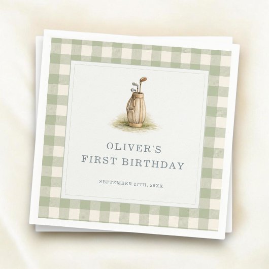 セージグリーンのギンガムチェックのゴルフ1歳の誕生日パーティー スタンダードカクテルナプキン