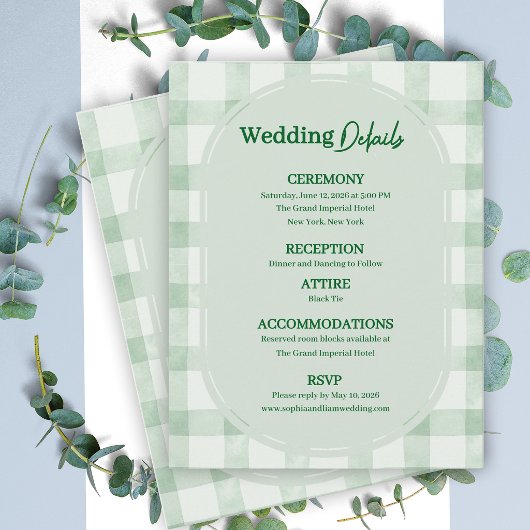 セージグリーンのギンガムチェックの結婚式詳細情報 エンクロージャーカード