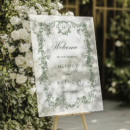 セージグリーンのクラシックフランス花柄結婚式ウェルカム アクリルサイン