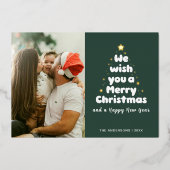 セージグリーンのクリスマスツリーと家族の星たちよ、メリークリスマス 箔シーズンカード (正面)