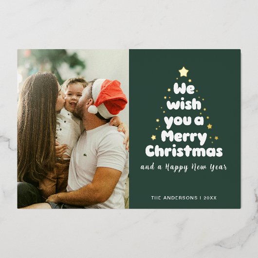 セージグリーンのクリスマスツリーと家族の星たちよ、メリークリスマス 箔シーズンカード (正面)