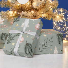 セージグリーンのクリスマス、ユーカリピンクのオーナメント ラッピングペーパー
