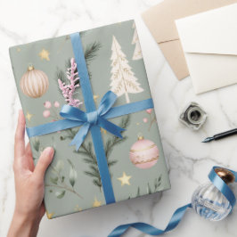 セージグリーンのクリスマス、ユーカリピンクのオーナメント ラッピングペーパー