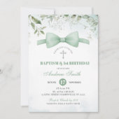 セージグリーンのグリーンリース男の子の洗礼と生後1年目の誕生日 招待状 (正面)