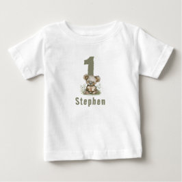 セージグリーンのコアラのクマ 1歳の誕生日の主役 ベビーTシャツ