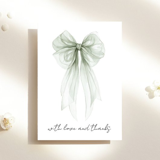 セージグリーンのコケティーボウ ウォーターカラーのブライダルシャワー サンキューカード