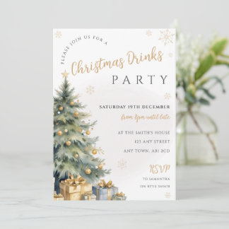 セージグリーンのゴールドのクリスマスツリーパーティー招待状 招待状