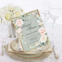 セージグリーンのゴールドの水彩花のブライダルシャワーの招待状