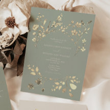 セージグリーンのゴールドフラワーの結婚式の招待状