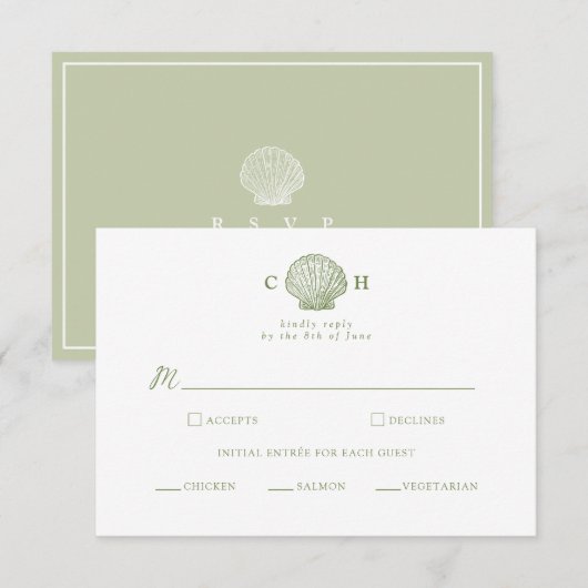 セージグリーンのシェルモノグラム結婚式RSVPカード エンクロージャーカード (正面/裏面)