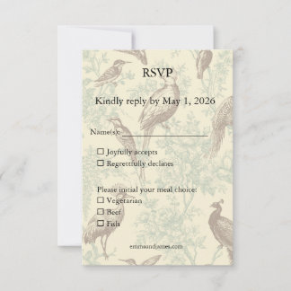 セージグリーンのシノワズリ・バード ウェディング RSVP カード
