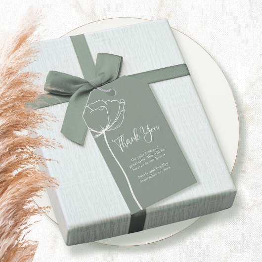 セージグリーンのシンプルな花柄のウェディングサンクスカード ギフトタグ