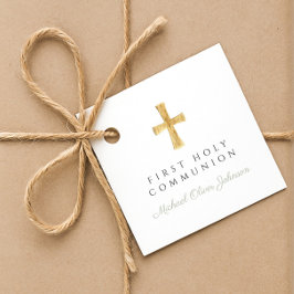 セージグリーンのスクリプトクロス少年ファーストコミュニオン フェイバータグ