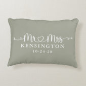 セージグリーンのスクリプトタイポグラフィー パーソナライズド Mr Mrs アクセントクッション (裏面)