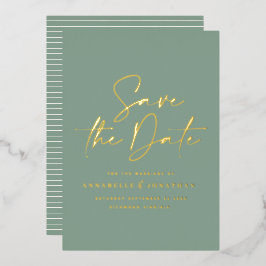 セージグリーンのスクリプトフォイル結婚式Save the Date 箔招待状